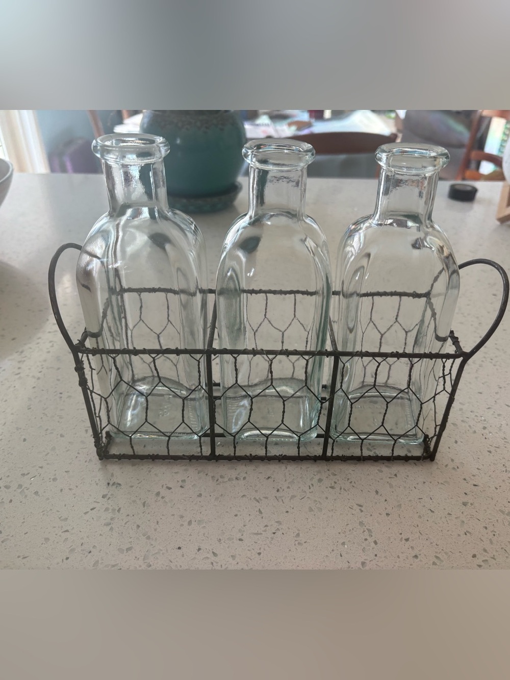 Clear Glass Bottle Trio with Rustic Wire Caddy - Home Accents